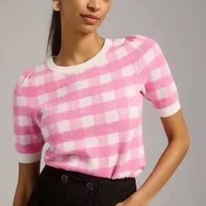 Anthropologie Pink and White Plaid Sweater